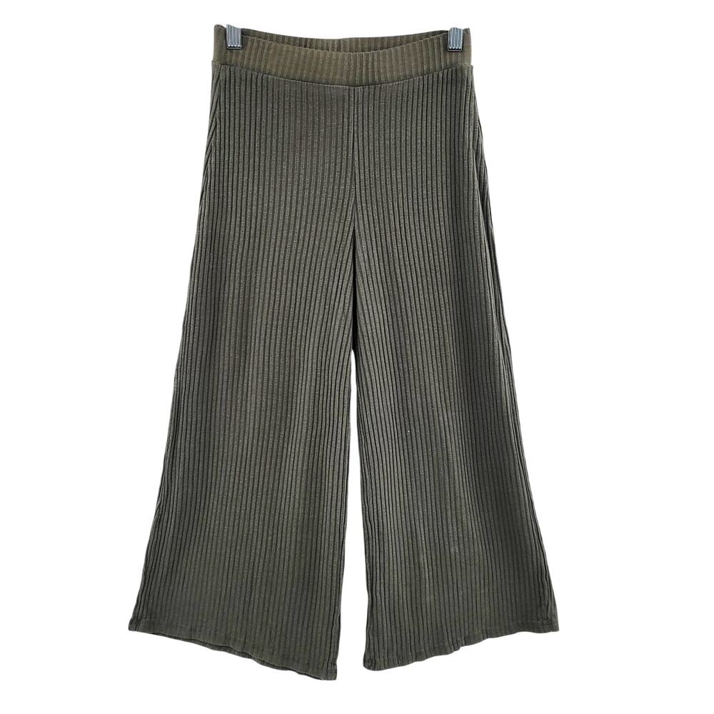 Bershka Olive Green Ribbed Knit Wide Leg Elastic Waist Pants Women's Size XS